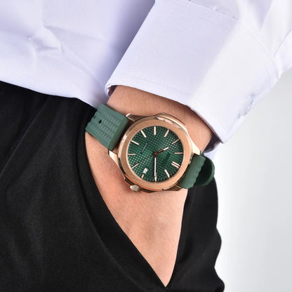Men's rose gold green Aquanaut style Seiko mod watch on wrist, casual daily wear lifestyle shot
