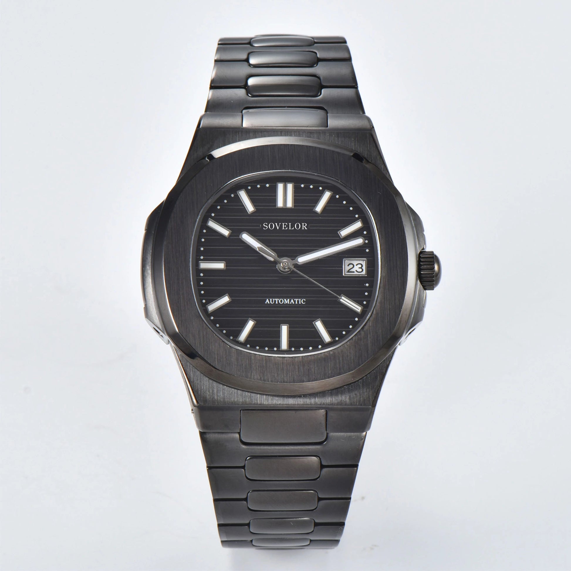 Custom Nautilus style Seiko mod watch, full black dial with stainless steel bracelet, NH35 automatic movement
