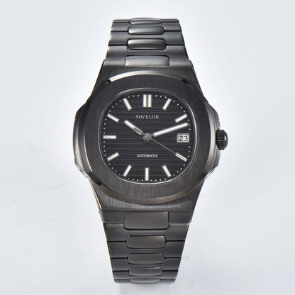 Custom Nautilus style Seiko mod watch, full black dial with stainless steel bracelet, NH35 automatic movement