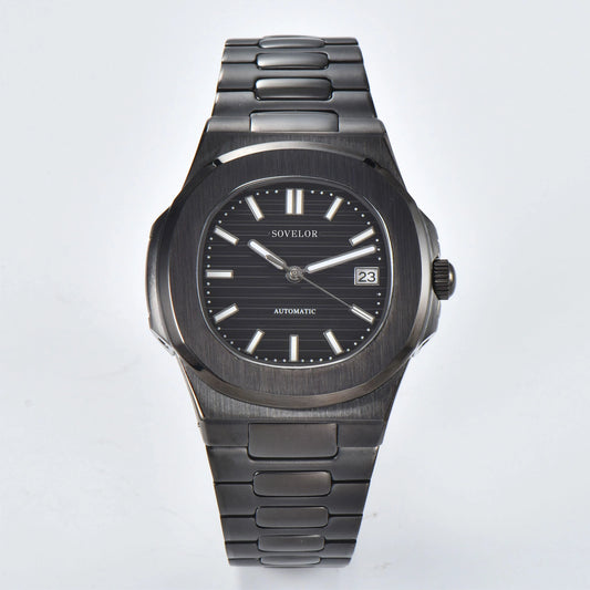 Custom Nautilus style Seiko mod watch, full black dial with stainless steel bracelet, NH35 automatic movement