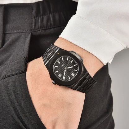 Men's full black Nautilus style Seiko mod watch on wrist, casual daily wear lifestyle shot