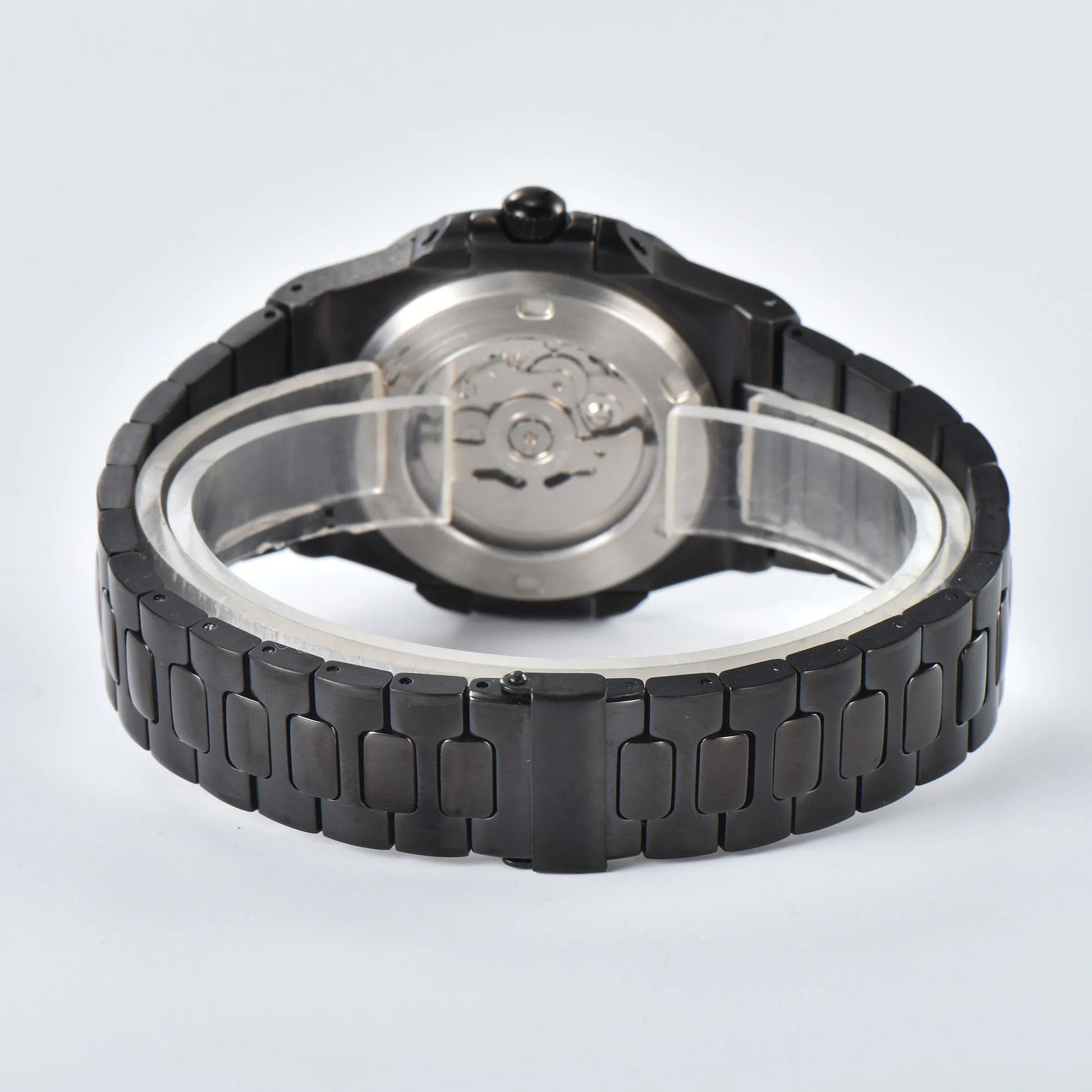 Transparent case back and deployment clasp of full black Nautilus style Seiko mod watch with stainless steel bracelet