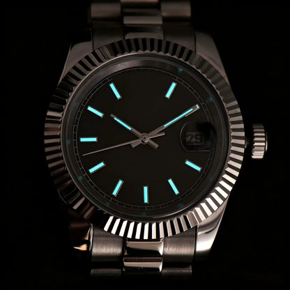 Luminous dial hands of custom Seiko mod watch in dark