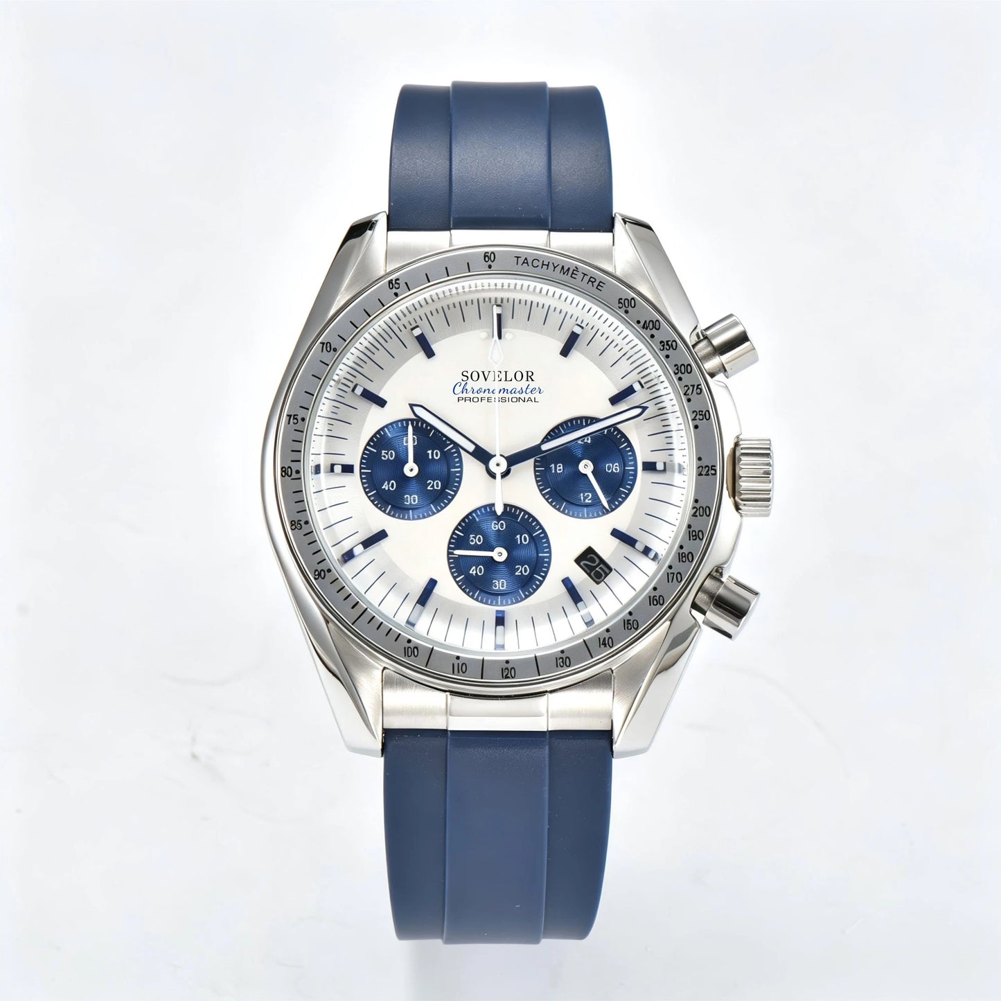 Custom silver speedmaster Seiko mod chronograph watch, white dial with blue sub-dials, VK63 quartz movement