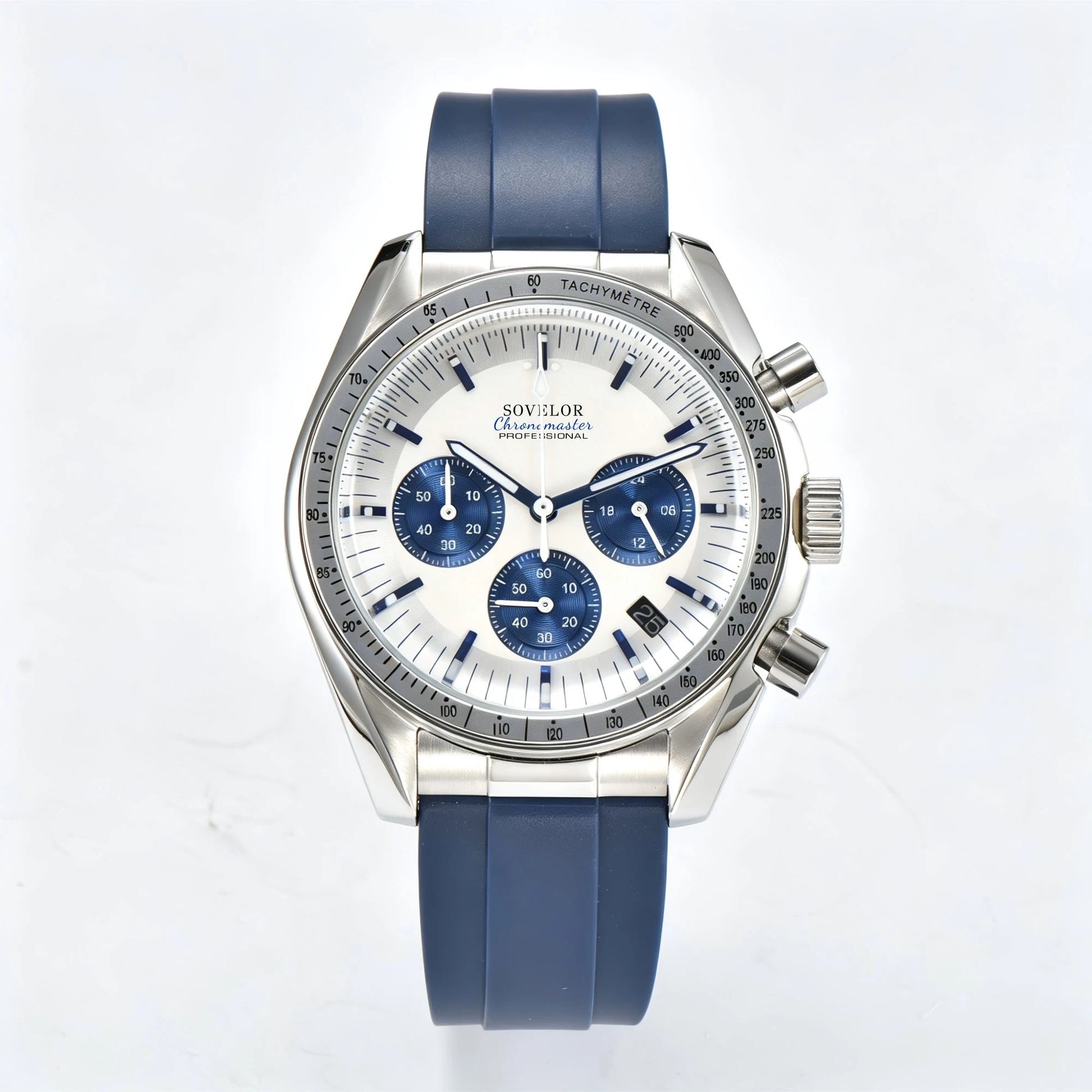 Custom silver speedmaster Seiko mod chronograph watch, white dial with blue sub-dials, VK63 quartz movement
