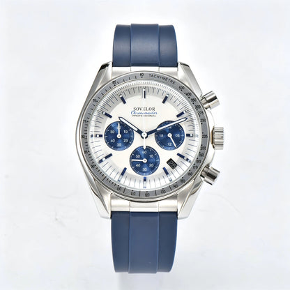Custom silver speedmaster Seiko mod chronograph watch, white dial with blue sub-dials, VK63 quartz movement