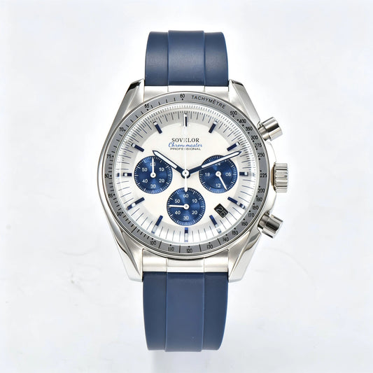 Custom silver speedmaster Seiko mod chronograph watch, white dial with blue sub-dials, VK63 quartz movement