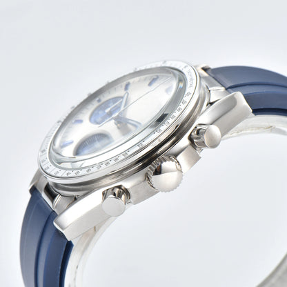 Side view of chronograph style Seiko mod watch, stainless steel pushers and tachymeter bezel detail