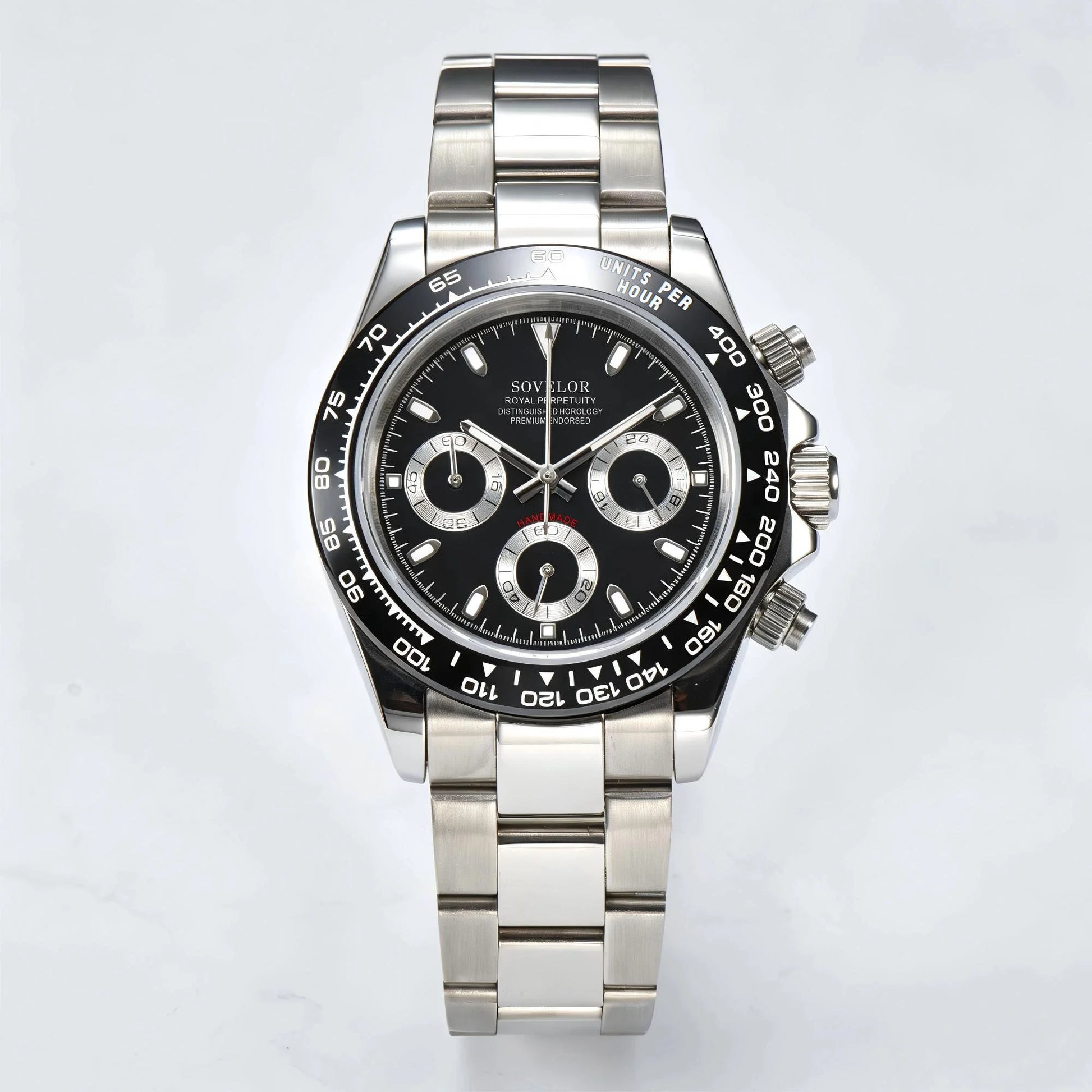 Custom Daytona style Seiko mod chronograph watch, black panda dial, VK63 hybrid movement