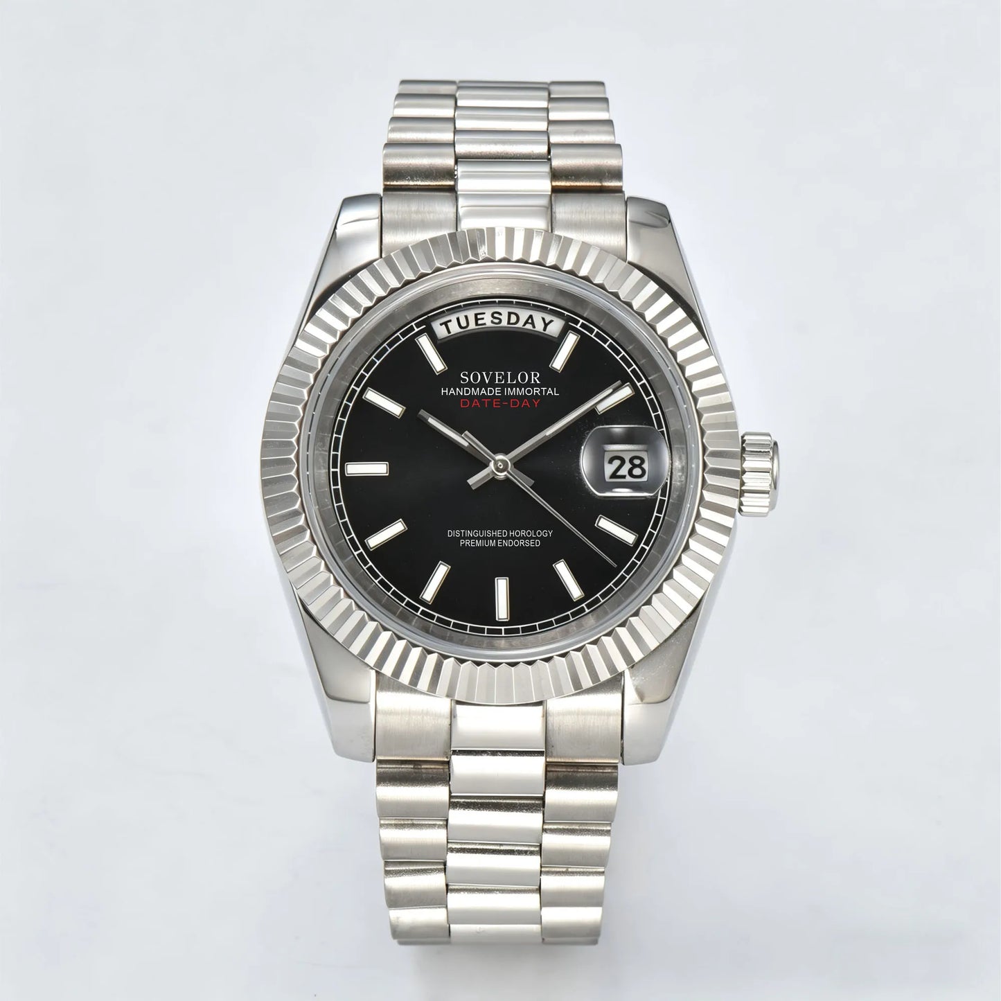 Custom classic black Seiko mod watch, day-date style with Miyota 8285 movement