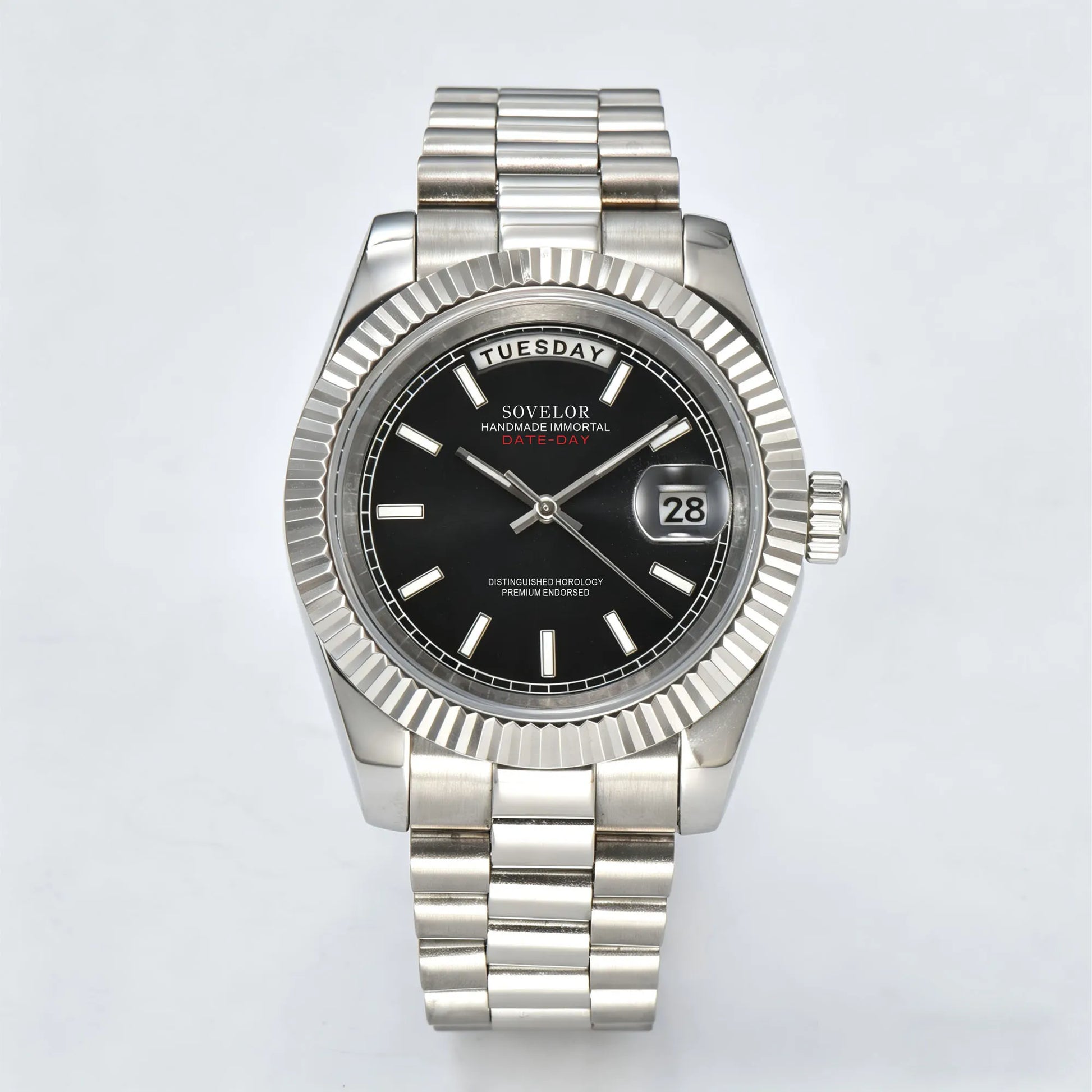 Custom classic black Seiko mod watch, day-date style with Miyota 8285 movement