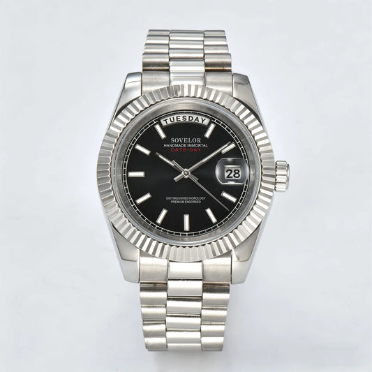 Custom classic black Seiko mod watch, day-date style with Miyota 8285 movement
