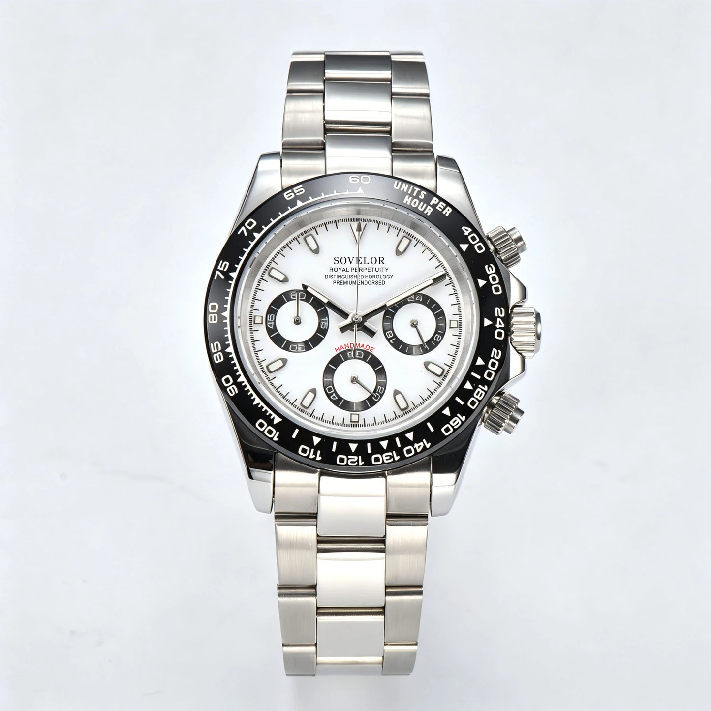 Custom white panda Seiko mod chronograph watch, Daytona style with white dial, VK63 hybrid movement