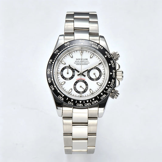 Custom white panda Seiko mod chronograph watch, Daytona style with white dial, VK63 hybrid movement