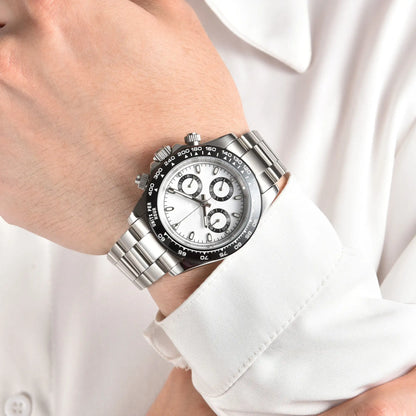 Men's panda VK63 Daytona style Seiko mod chronograph watch on wrist, business lifestyle shot