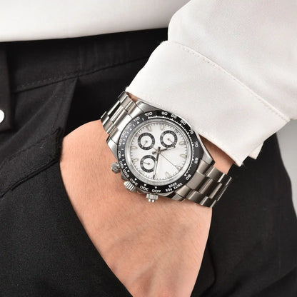 White black panda VK63 Daytona style Seiko mod chronograph watch worn on wrist, casual daily wear shot