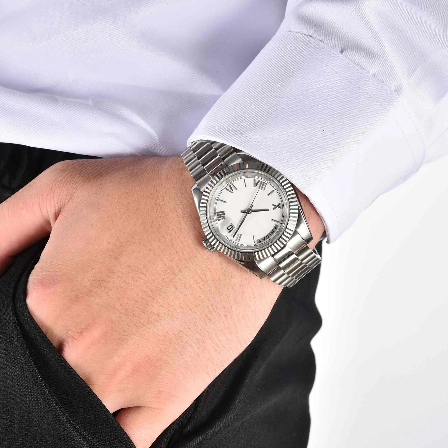 Business men's custom Seiko mod watch on wrist with dress shirt