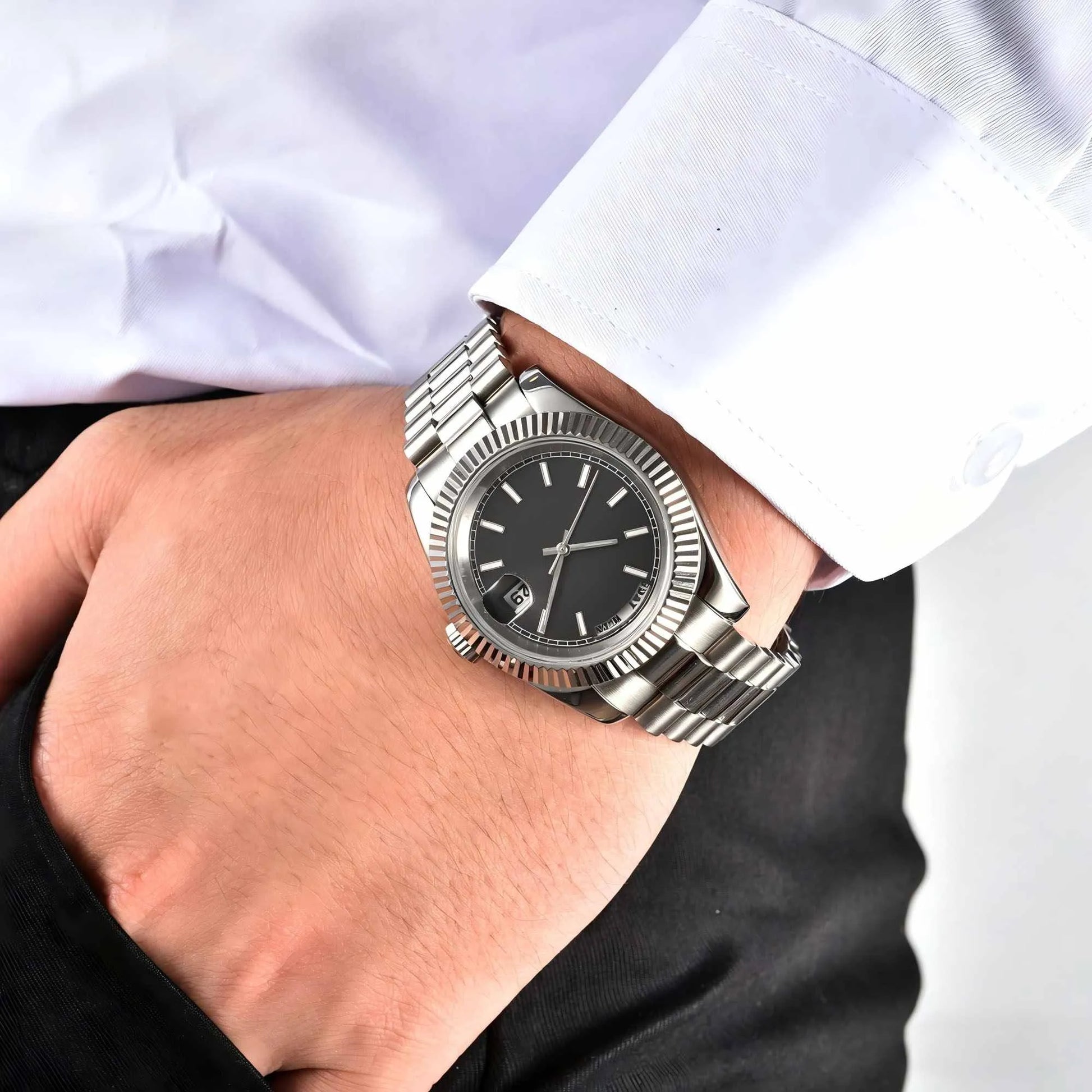 Men's custom Seiko mod watch on wrist with dress shirt