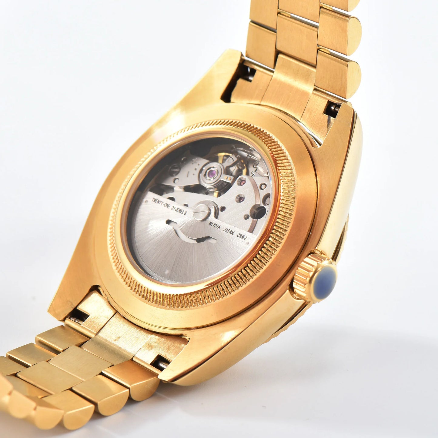 Transparent case back showing Miyota 8285 mechanical movement in gold seiko mod watch
