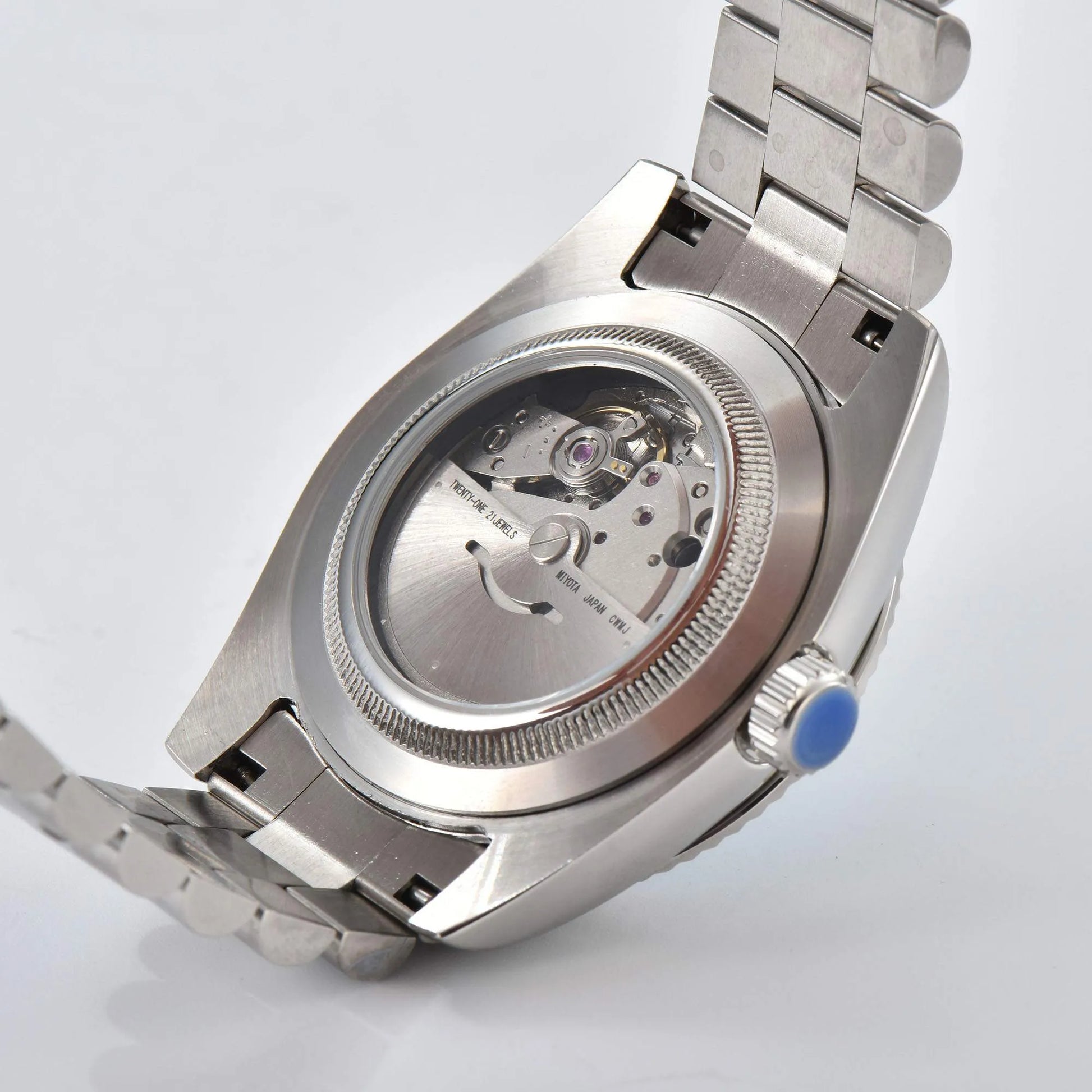 Transparent case back showing Miyota 8285 mechanical movement