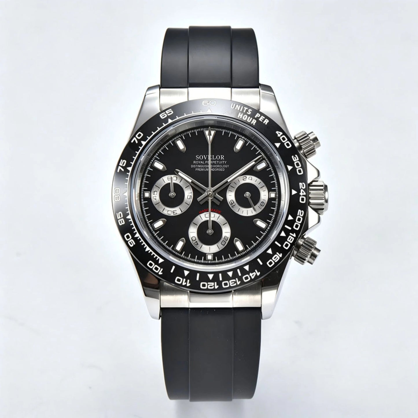 Custom black panda Seiko mod chronograph watch, Daytona style with black dial, VK63 hybrid movement
