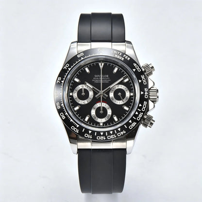 Custom black panda Seiko mod chronograph watch, Daytona style with black dial, VK63 hybrid movement