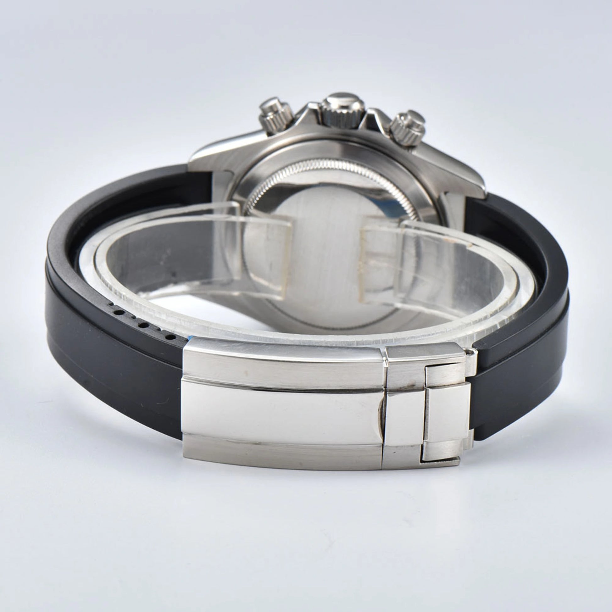 Solid case back and rubber strap with stainless steel clasp of VK63 Daytona style Seiko mod watch