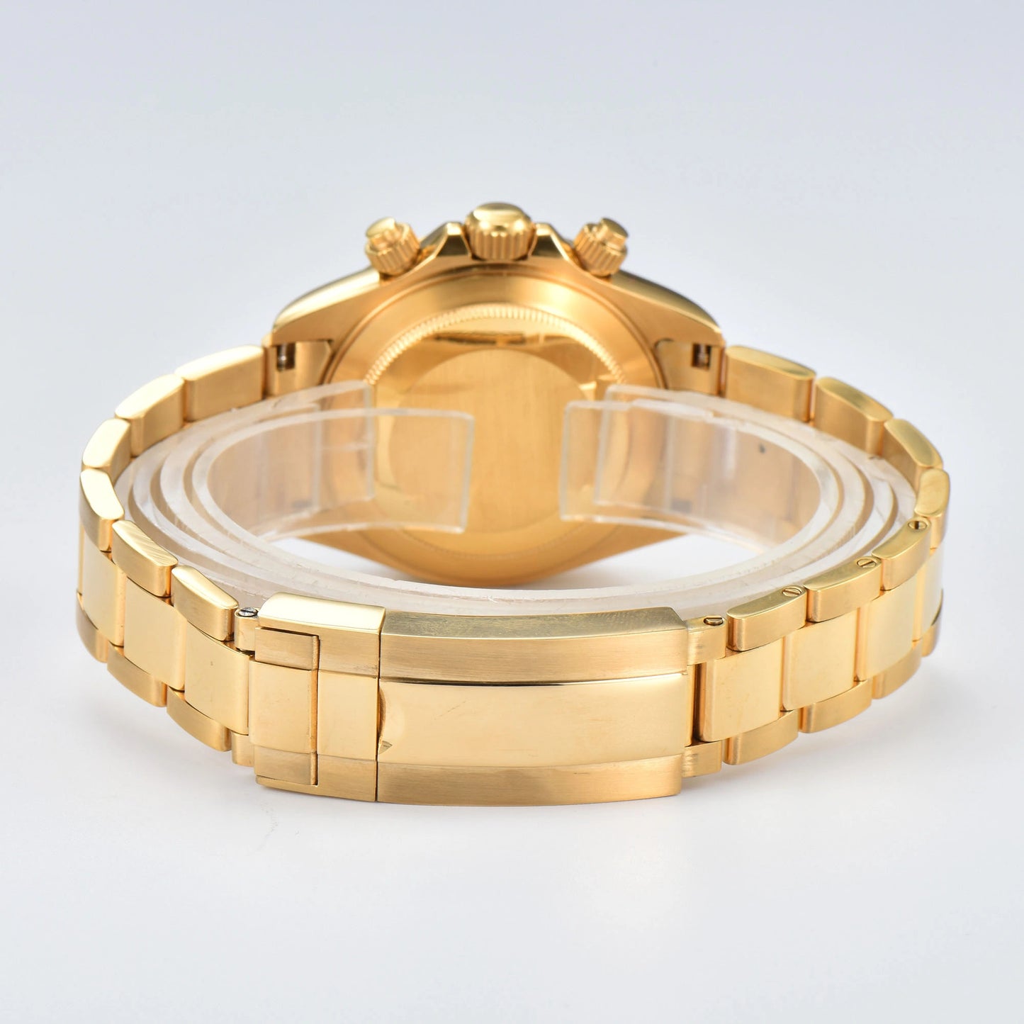Solid case back and gold stainless steel bracelet clasp of VK63 Daytona style Seiko mod watch