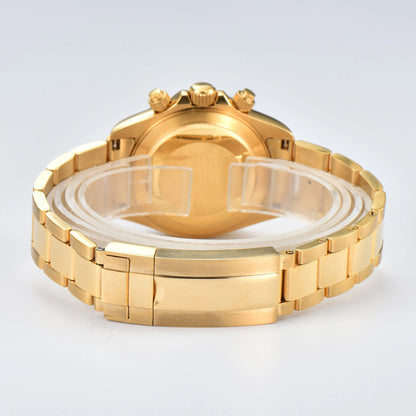 Solid case back and gold stainless steel bracelet clasp of VK63 Daytona style Seiko mod watch