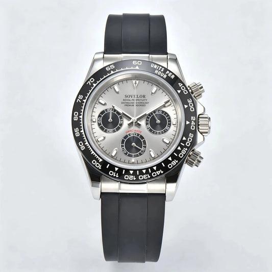 Custom sunray gray Seiko mod chronograph watch, Daytona style with gray dial, VK63 hybrid movement