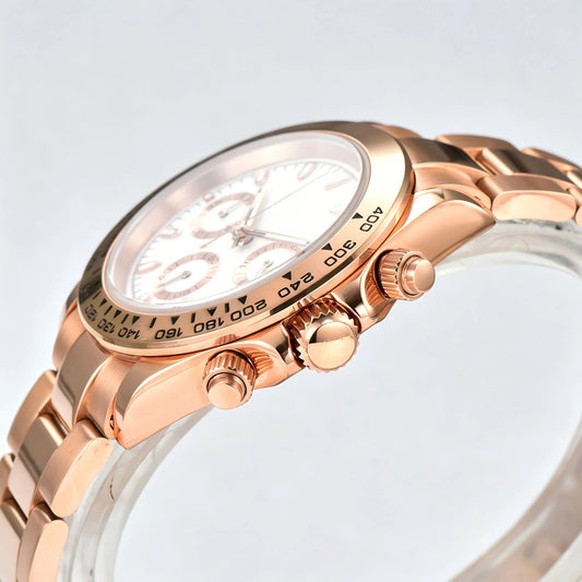 Side angle view of rose gold white VK63 Daytona style Seiko mod watch, rose gold tachymeter bezel detail