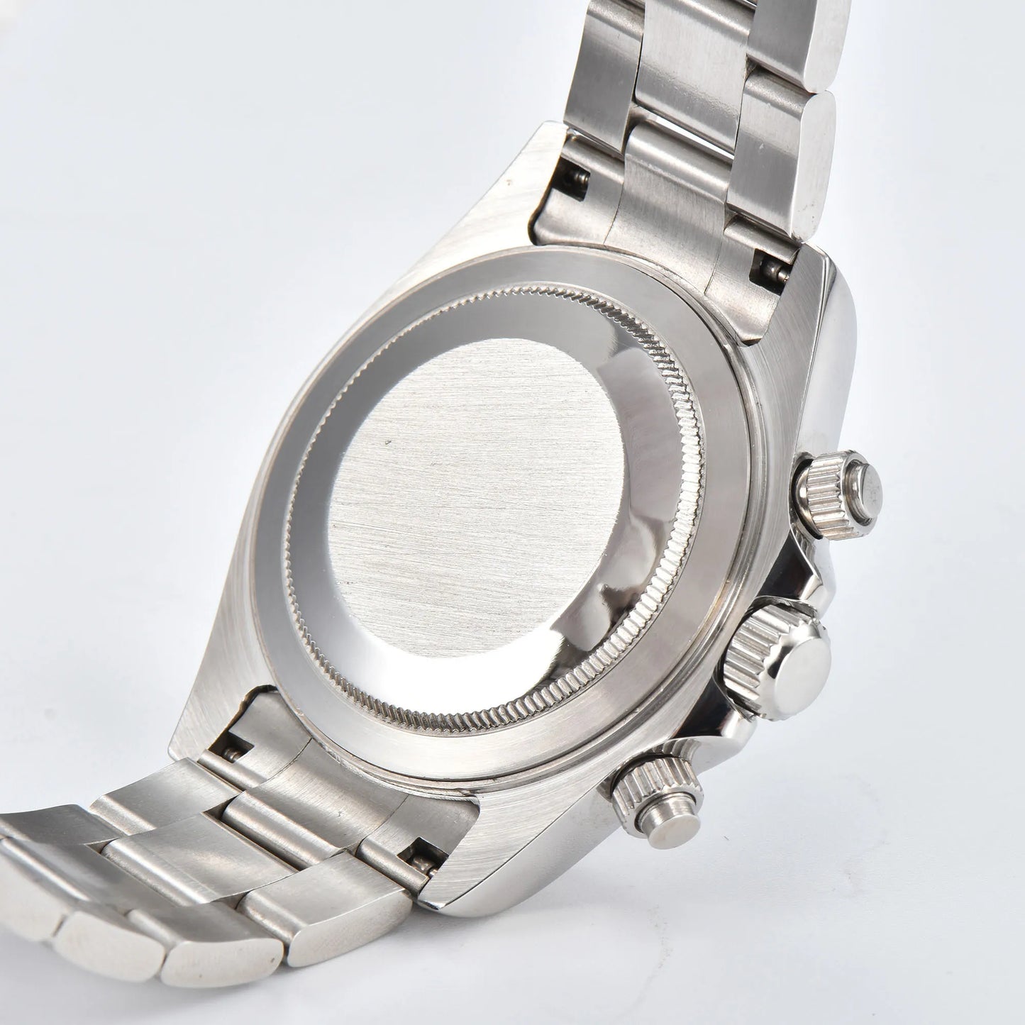 Side view of VK63 Daytona style Seiko mod watch, stainless steel chronograph pushers detail