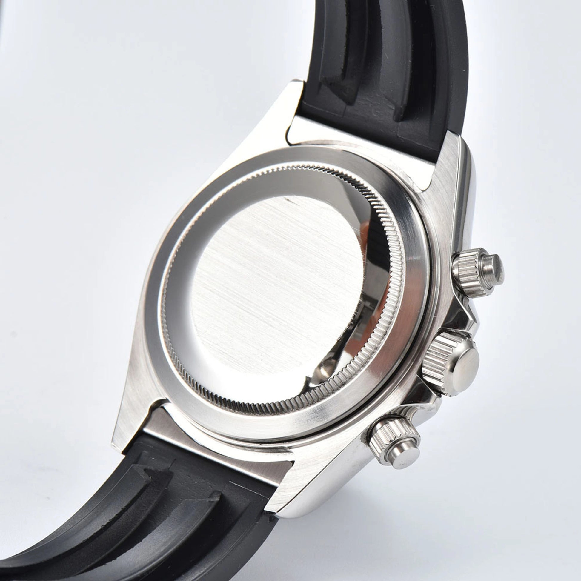 Side view of VK63 Daytona style Seiko mod watch, stainless steel chronograph pushers detail