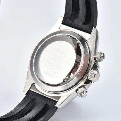 Side view of VK63 Daytona style Seiko mod watch, stainless steel chronograph pushers detail
