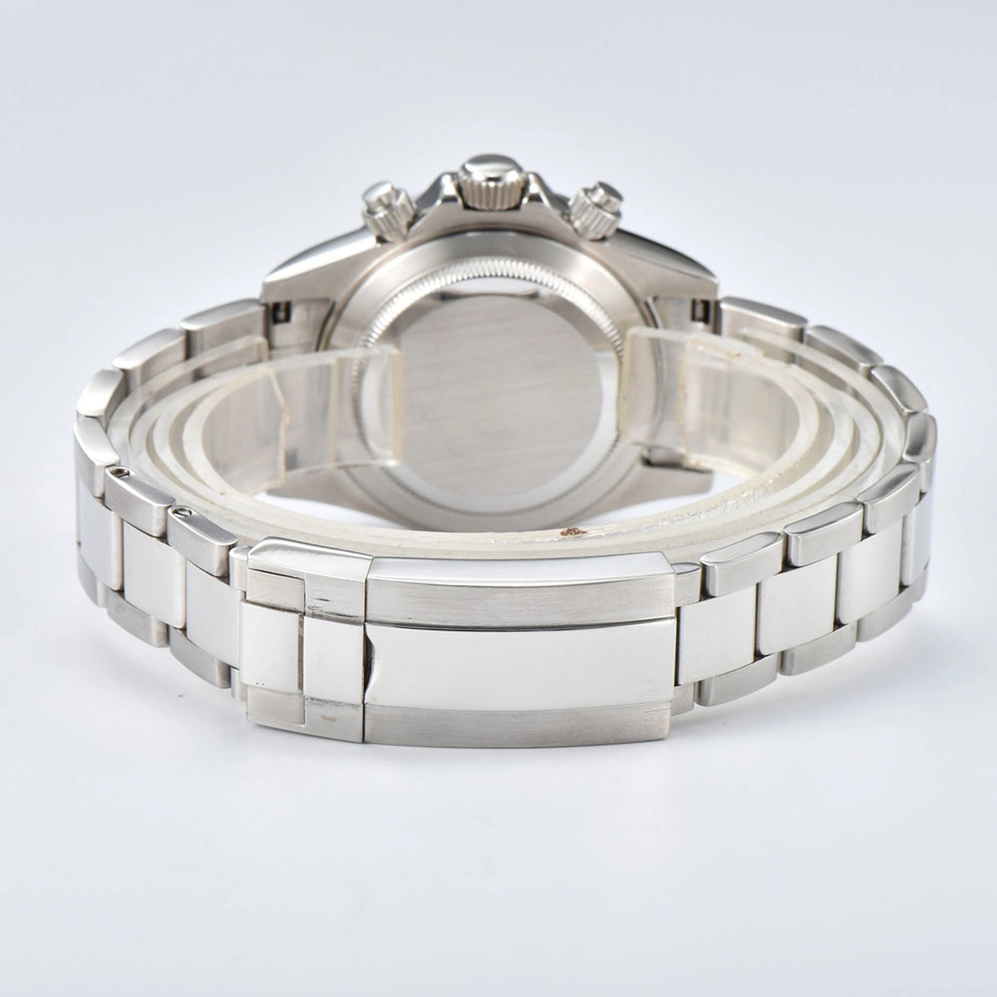 Solid case back and silver stainless steel bracelet clasp of panda VK63 Daytona style Seiko mod watch