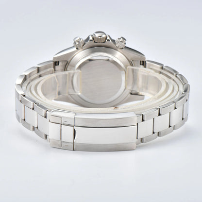 Solid case back and silver stainless steel bracelet clasp of panda VK63 Daytona style Seiko mod watch