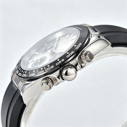 Side angle view of VK63 Daytona style Seiko mod watch, black ceramic tachymeter bezel detail