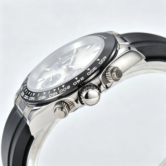 Side angle view of VK63 Daytona style Seiko mod watch, black ceramic tachymeter bezel detail