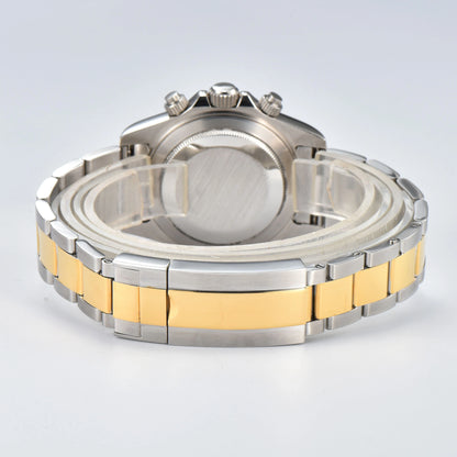 Solid case back and Two-Tone gold stainless steel bracelet clasp of VK63 Daytona style Seiko mod watch