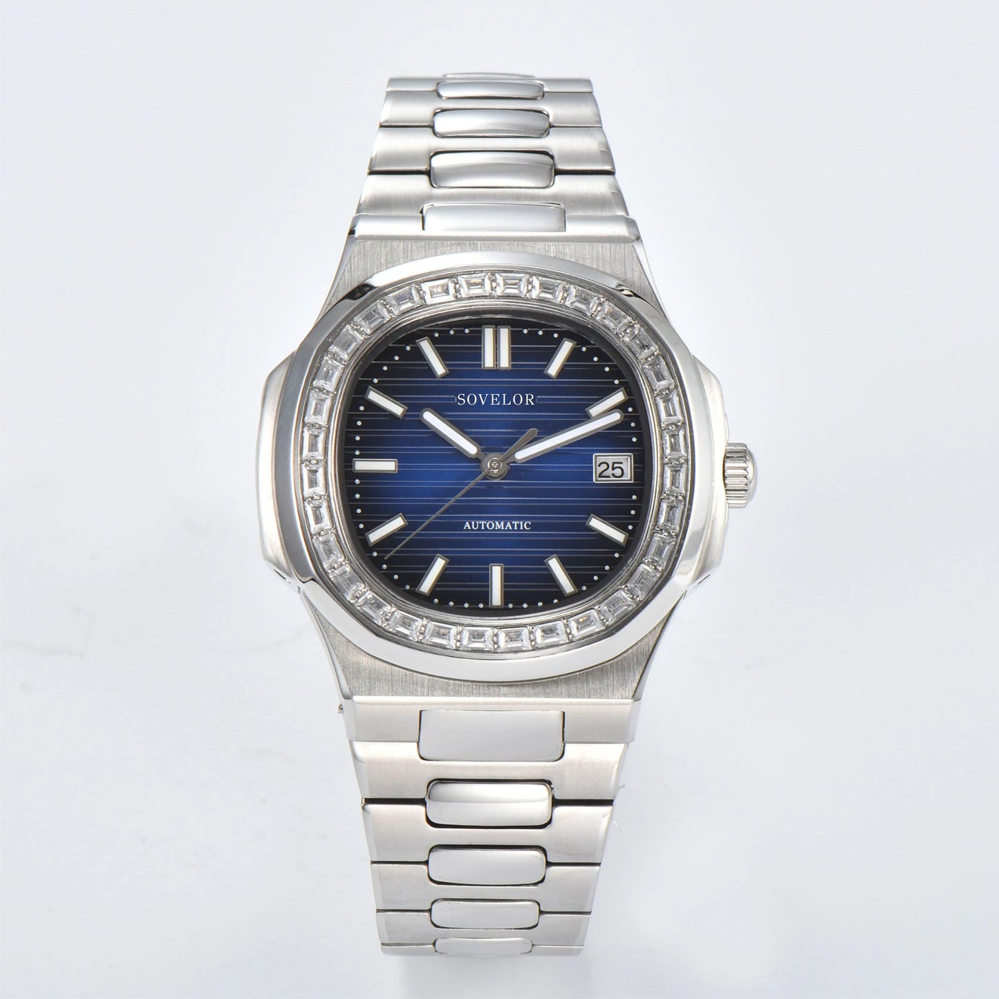 Custom Nautilus style Seiko mod watch, blue gradient dial with diamond bezel, stainless steel bracelet, NH35 automatic movement