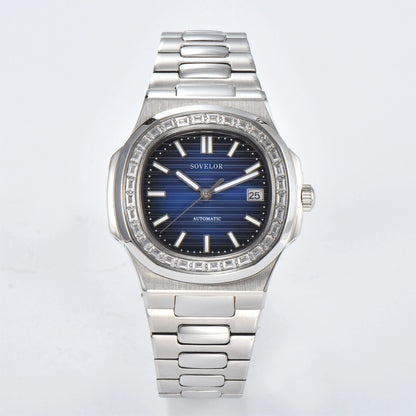 Custom Nautilus style Seiko mod watch, blue gradient dial with diamond bezel, stainless steel bracelet, NH35 automatic movement
