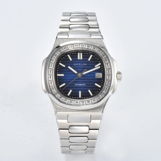 Custom Nautilus style Seiko mod watch, blue gradient dial with diamond bezel, stainless steel bracelet, NH35 automatic movement
