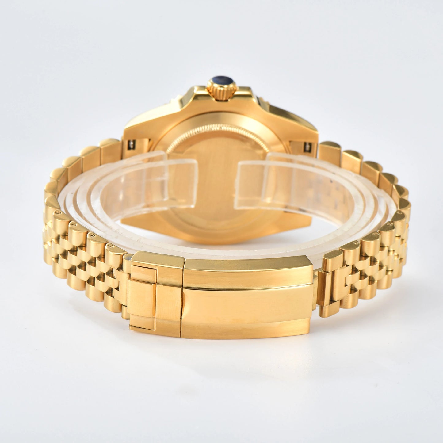 Close-up of custom Seiko mod watch solid stainless steel gold bracelet with safety folding clasp and micro-adjustment