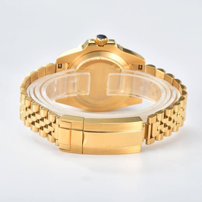 Close-up of custom Seiko mod watch solid stainless steel gold bracelet with safety folding clasp and micro-adjustment