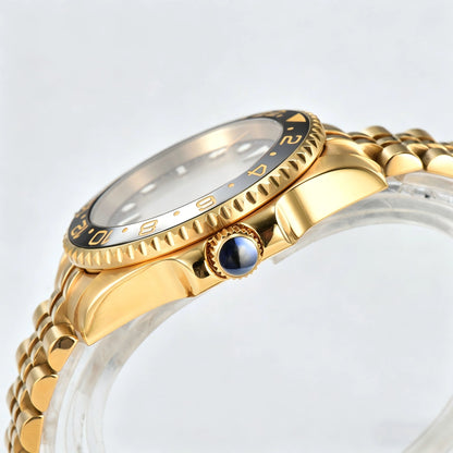 Side view of Seiko modified GMT watch showing signed screw-down crown and sapphire crystal