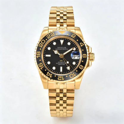 GMT Seiko mod custom watch with lumen black dial and Seiko NH35 automatic movement, sapphire crystal case