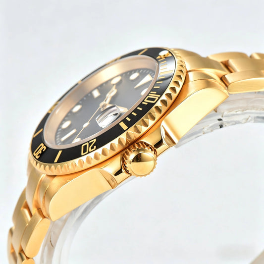 Side view of gold black Seiko mod watch, Submariner style with polished stainless steel case