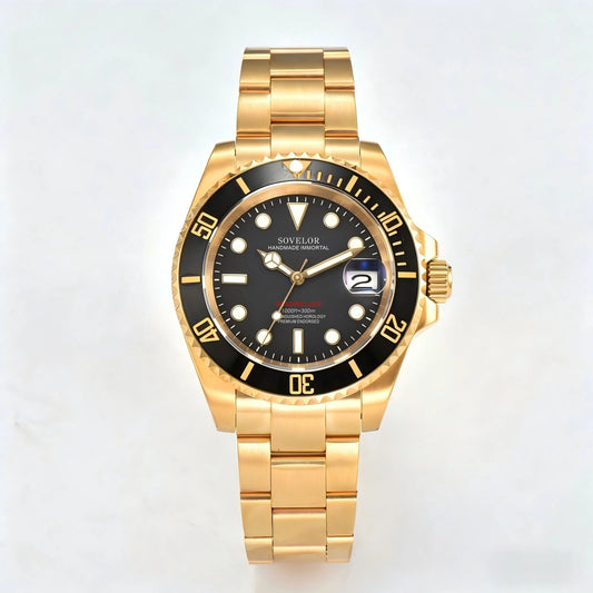 Custom gold black Seiko mod watch, Submariner style with genuine NH35 automatic movement