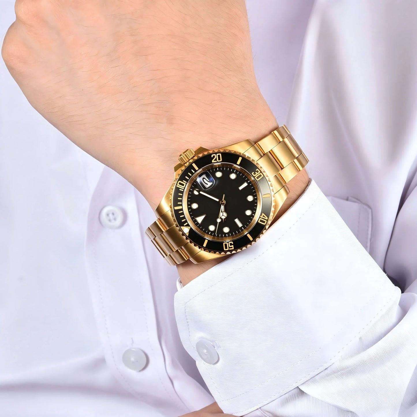Men's gold black Seiko mod watch on wrist, Submariner style business lifestyle shot