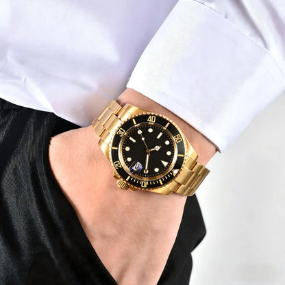 Gold black custom Seiko mod watch worn on wrist, casual daily wear lifestyle shot